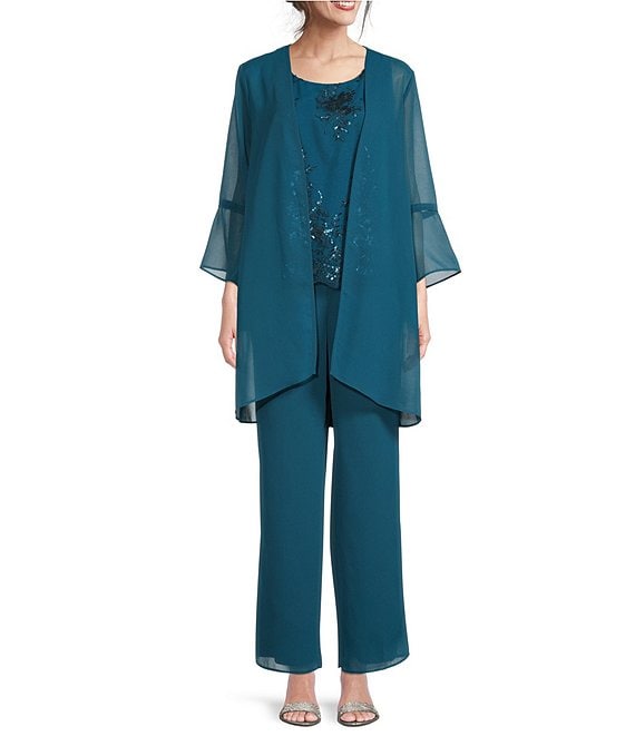 Le Bos Pebble Georgette 3/4 Bell Sleeve Embroidered Sequin Round Neck 3-Piece Pant Set
