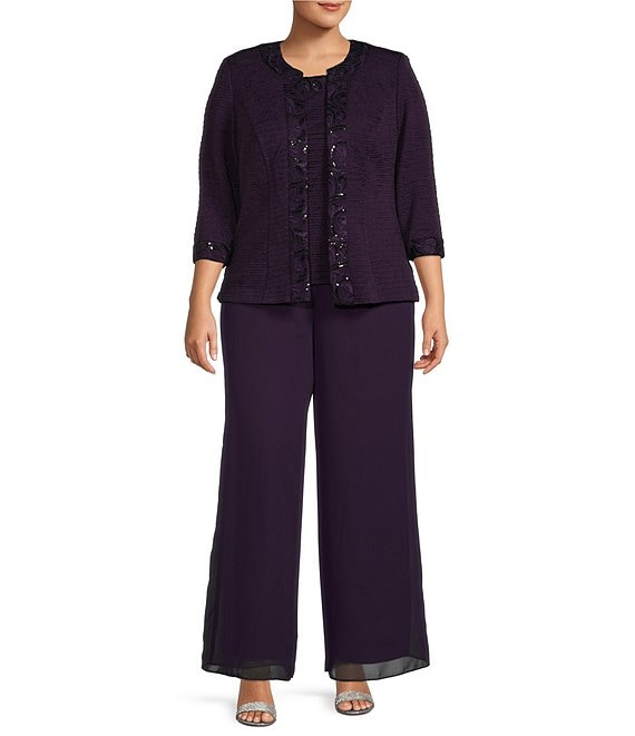 Color:Eggplant - Image 1 - Plus Size 3/4 Sleeve Embroidery Trim Crinkle Knit Round Neck 3-Piece Pant Set