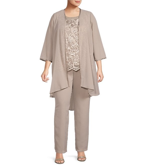 Color:Stone - Image 1 - Plus Size Crew Neck 3/4 Sleeve Embroidered Georgette 3-Piece Duster Pant Set