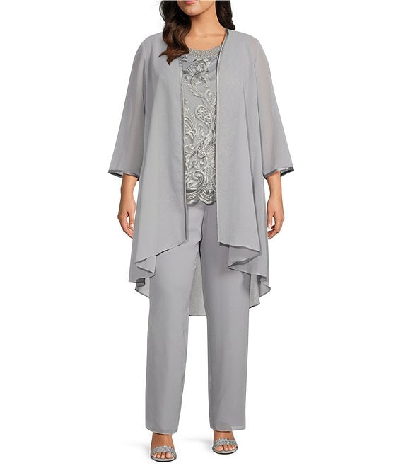 Le Bos Plus Size Crew Neck 3/4 Sleeve Embroidered Georgette 3-Piece Duster  Pant Set