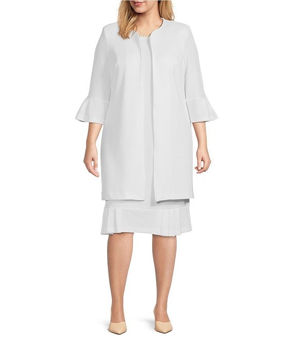 Color:White - Image 1 - Plus Size Pleated 3/4 Sleeve Flounce Hem Beaded Round Neck 2-Piece Jacket Dress