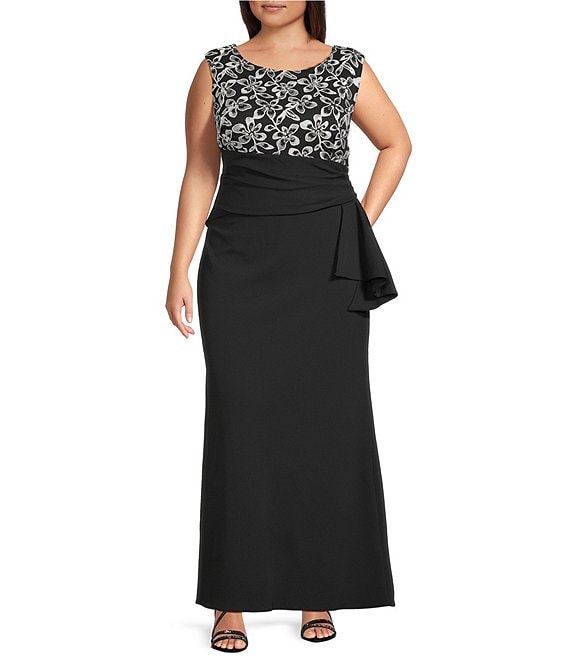 Le Bos Plus Size Scuba Crepe Floral Embroidered Top Cascade Side Fit And Flare Gown, Black/White - Image 1
