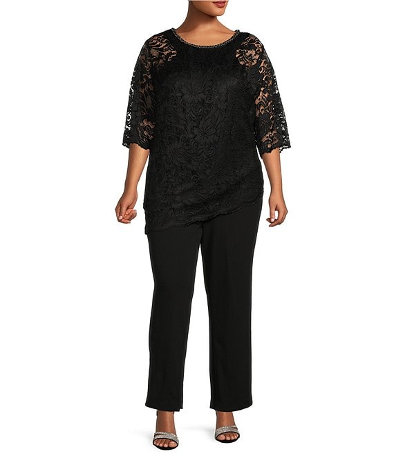 Color:Black - Image 1 - Plus Size Stretch Lace 3/4 Sleeve Beaded Round Neck 2-Piece Pant Set