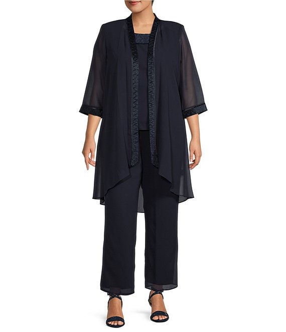 Color:Dark Navy - Image 1 - Plus Size Round Neck 3/4 Sleeve Georgette Tonal Trim Evening 3-Piece Pant Set