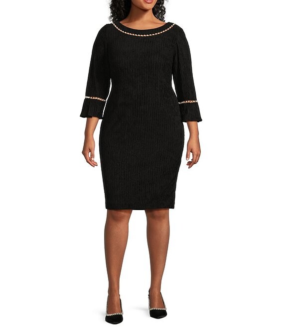 Le Bos Boat Neck Bell Sleeve Pearl Trim Crinkle Knit Dress | Dillard's