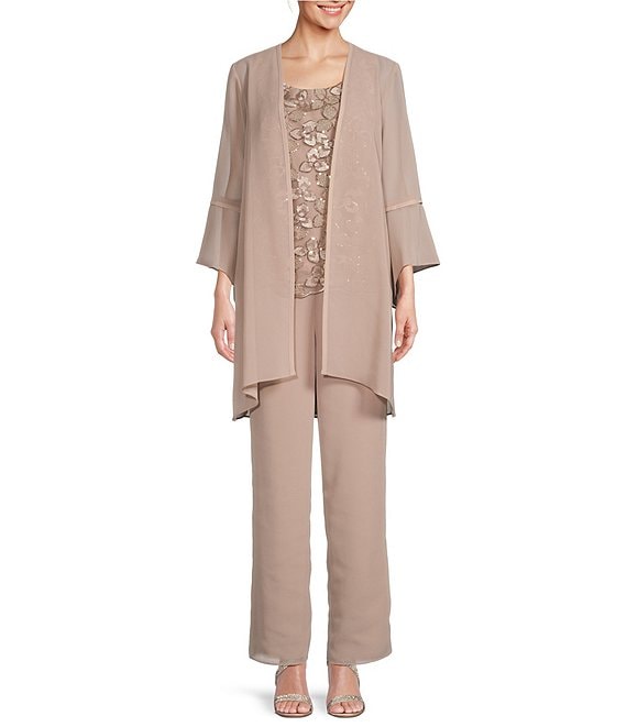 Color:Latte - Image 1 - Scoop Neck 3/4 Sleeve 3-Piece Bell Sleeve Duster Pant Set