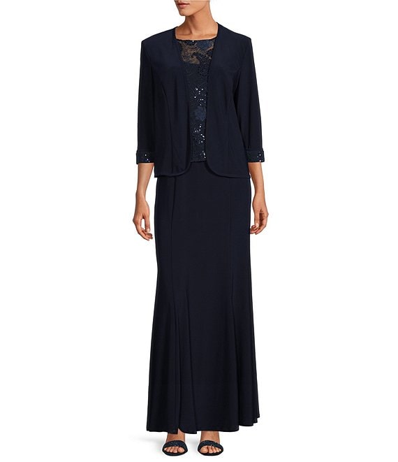 Color:Navy - Image 1 - Sequin Embroidered Round Neck 3/4 Sleeve Long 2-Piece Jacket Dress
