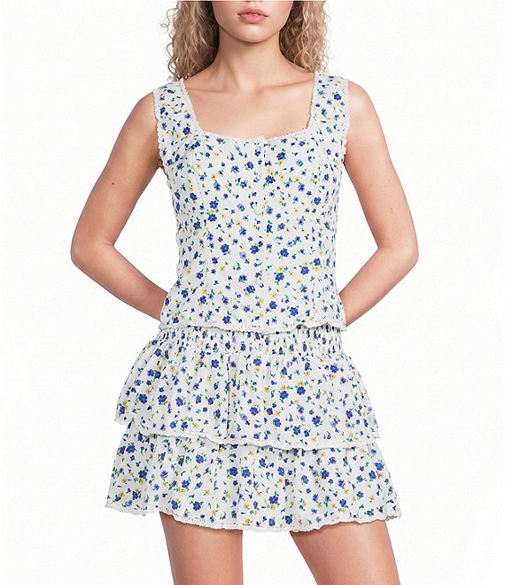 Le Lis Coordinating Floral Printed Square Neck Button Front Corset Lace Trim Top