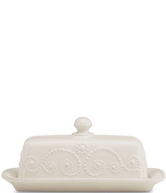 Color:White - Image 1 - French Perle Scalloped Stoneware Covered Butter Dish