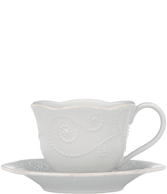 Color:White - Image 1 - French Perle Scalloped Stoneware Cup & Saucer Set
