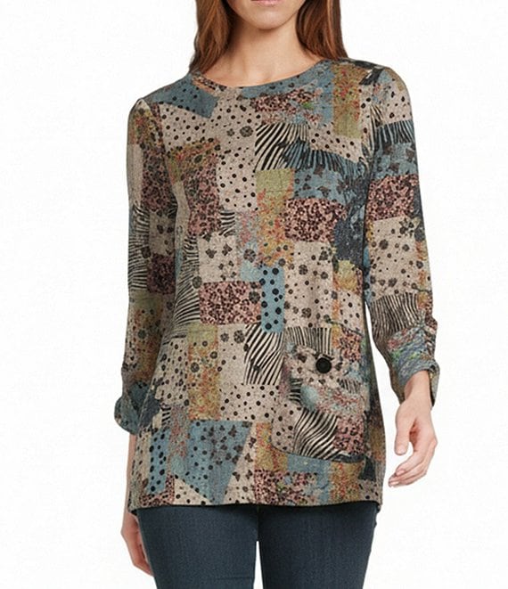 Leo & Nicole Hacci Knit Patchwork Whimsey Print Crew Neck 3/4 Ruched Sleeve Top, Patchwork Whimsey - Image 1