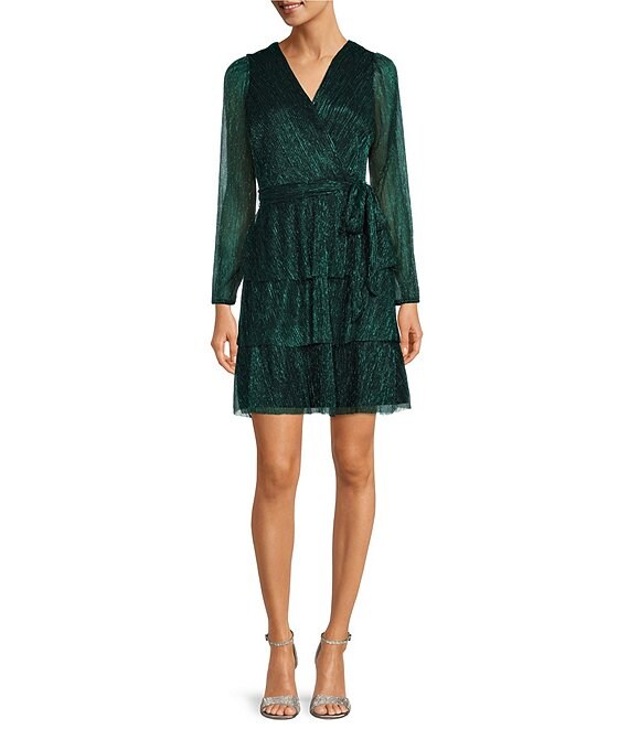 Color:Hunter - Image 1 - Crinkle Lurex Long Sleeve Self-Tie Belt Surplice V-Neck Tiered Fit and Flare Ruffle Dress