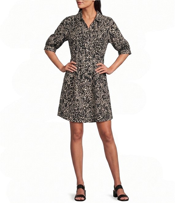 Leslie Fay Pleated Bodice Elbow Length Sleeve V-Neck Dress