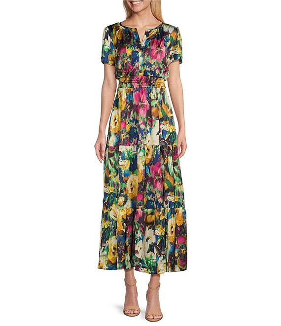 Leslie Fay Short Sleeve Split V-Neck Floral Maxi Dress | Dillard's