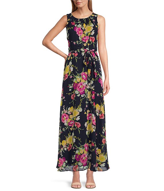 Leslie Fay Sleeveless Crew Neck Floral Chiffon Maxi Dress | Dillard's
