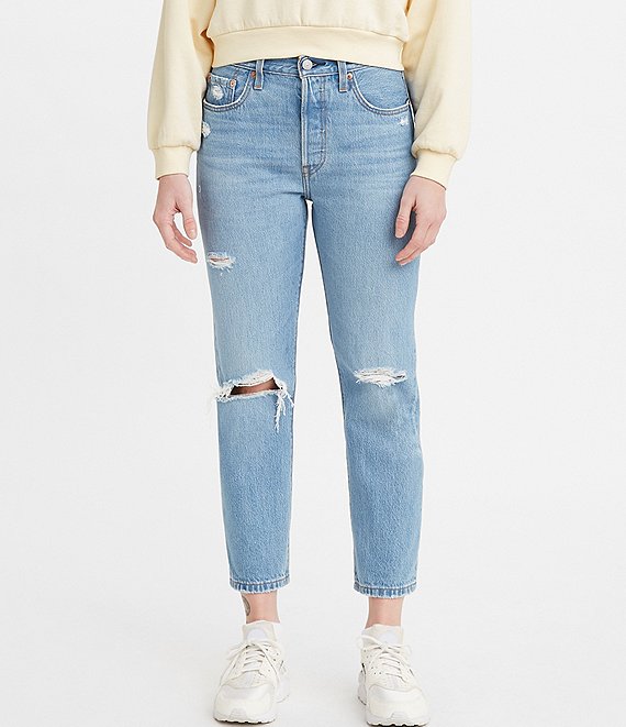 Color:Athens Break - Image 1 - 501 Straight Leg Distressed Cropped Jeans