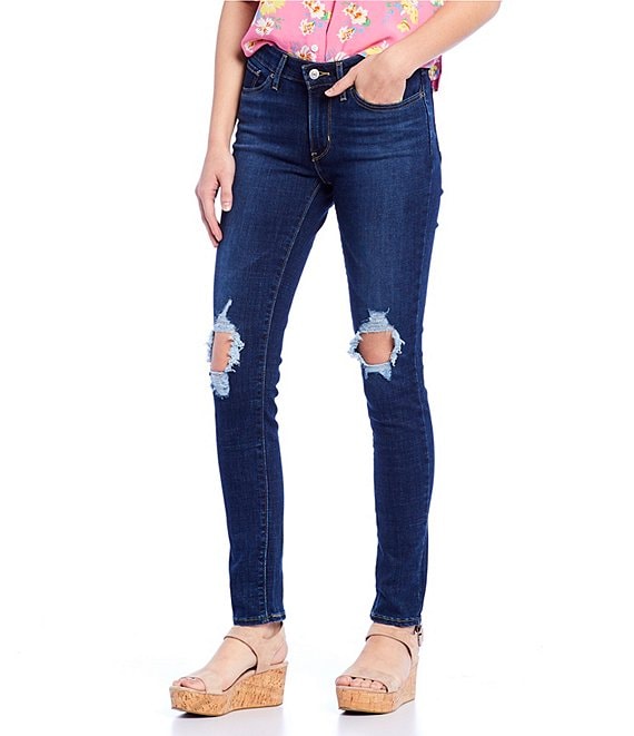 Color:Maui Breeze - Image 1 - Levi's® 711 Destructed Mid Rise Skinny Jeans