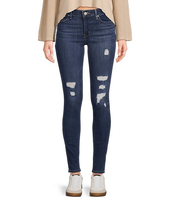 Color:Lapis Breakdown - Image 1 - Levi's® 711 Mid Rise 30' Inseam Destructed Skinny Jeans