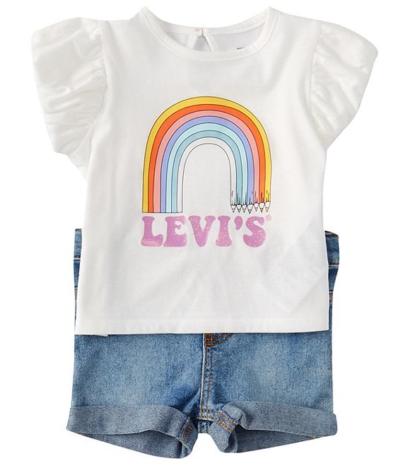 Levi's® Baby Girls 12-24 Months Short Bubble Sleeve Rainbow Top and Denim Short Set