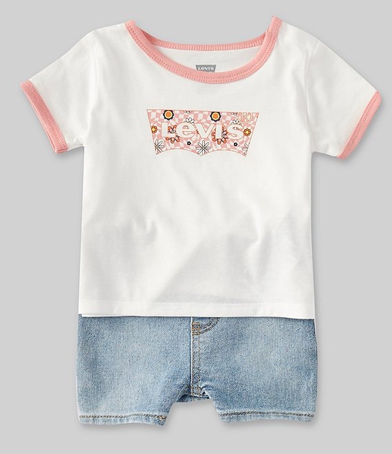 Color:White Alyssum - Image 1 - Levi's® Baby Girls 12-24 Months Short Sleeve Checkerboard Iconic Tee and Short Set