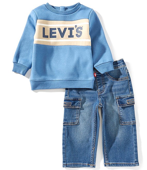 Levi's Levi's® Baby Girls Long-Sleeve Stay Loose Logo Fleece Sweatshirt & Stretch Cargo Denim Jeans Set, Blue - Image 1