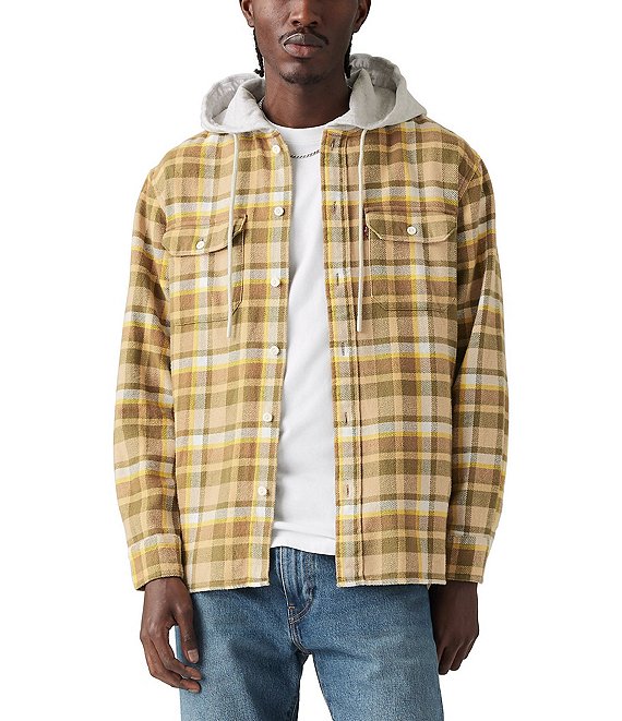 Levi s Long Sleeve Neutral Multi Plaid Hooded Worker Shirt