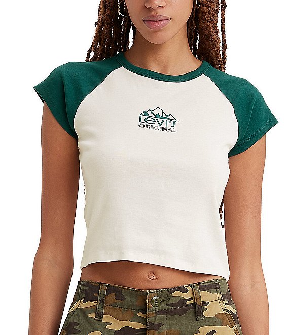 Color:Gardenia/Deep Teal - Image 1 - Levi's® Mountain Logo Graphic Girlfriend T-Shirt