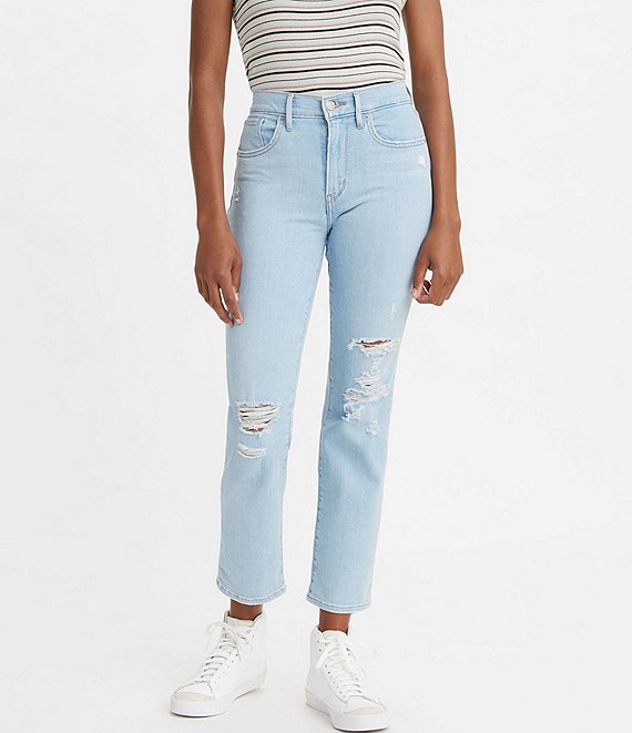 Color:Tribeca Moon - Image 1 - Levi's® 724 High Rise Destructed Cropped Straight Jeans