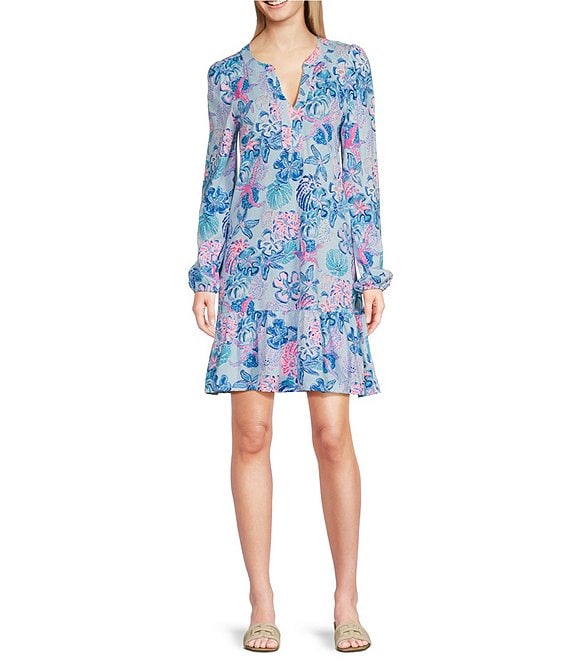 Lilly Pulitzer Alyssa Supima Cotton Jersey Split V Neck Long Sleeve Ruffle A Line Dress Dillard s