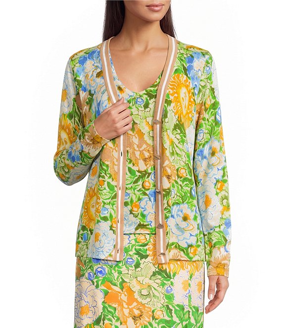 Lilly Pulitzer Cotton-Blend Floral Open V-Neck Long Sleeve Striped Trim Button-Front Cardigan