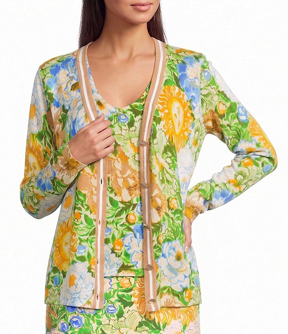 Lilly Pulitzer Cotton-Blend Floral Open V-Neck Long Sleeve Striped Trim Button-Front Coordinating Cardigan