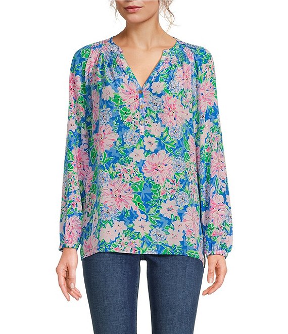 Lilly Pulitzer Elsa Top Silk Floral Print V-Neck Bracelet Sleeve ...