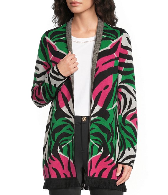 Lilly Pulitzer Noble Jacquard Zebra Print Fringe Hem Open-Front Oversized Cardigan