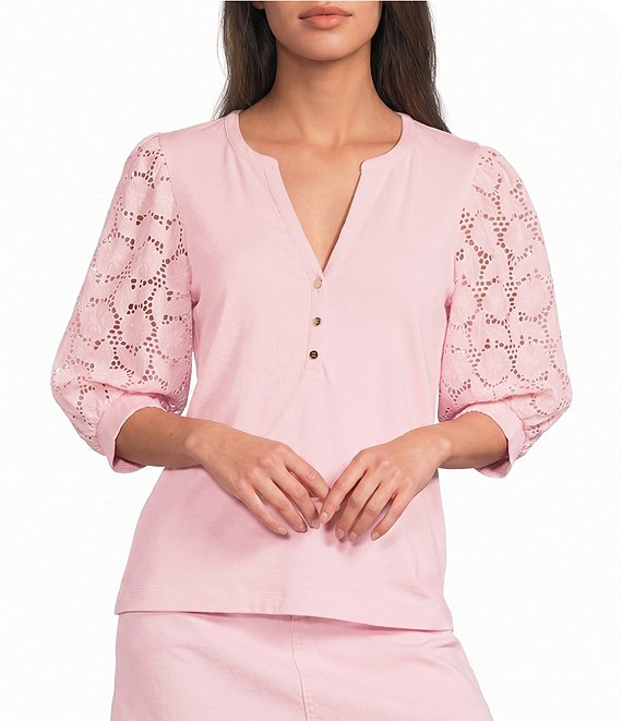 Lilly Pulitzer Ronson Eyelet Knit Notch Neck Elbow Sleeve Top