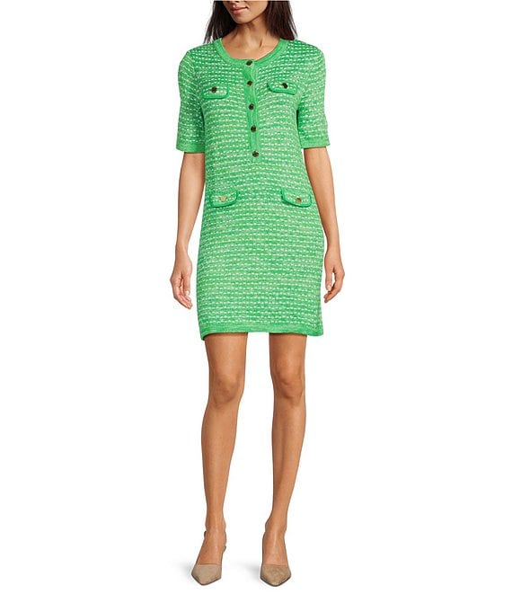 Lilly Pulitzer Theodorah Metallic Resort Tweed Collar Neck Short Sleeve Button Front Dress, Fauna Green - Image 1
