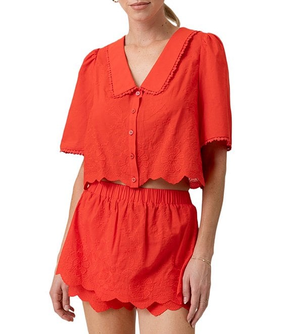 Line and Dot Rou Collared Short Sleeve Button Front Scalloped Hem Coordinating Shirt