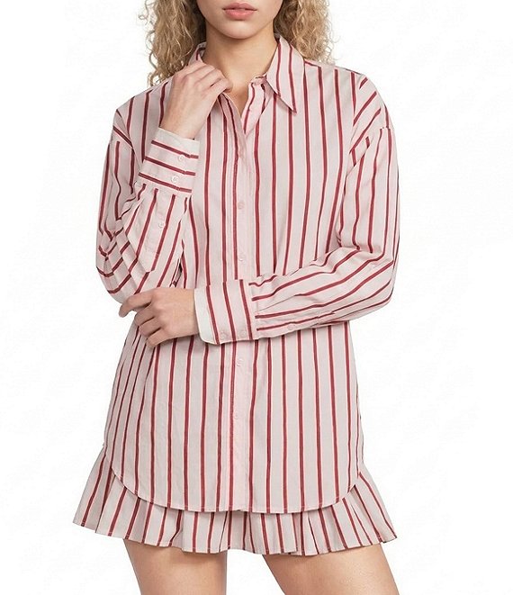 Line and Dot Vivee Stripe Print Point Collar Long Sleeve Button Front Coordinating Poplin Top