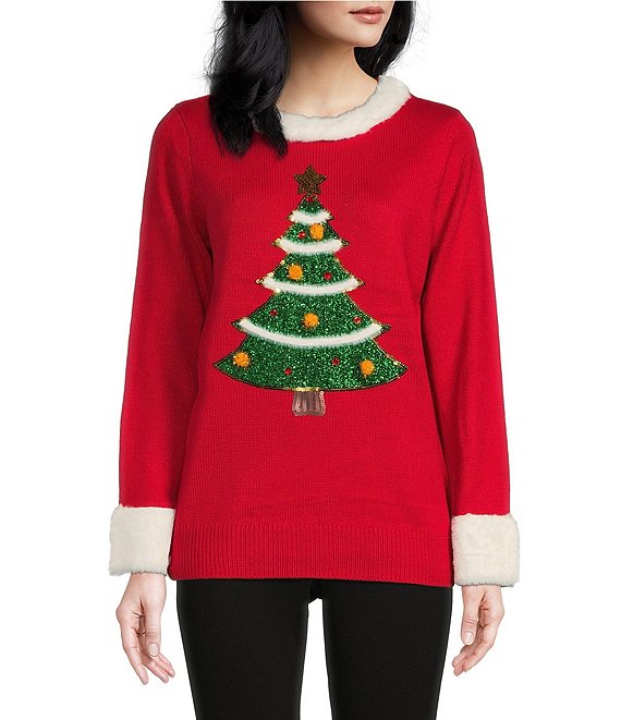 Color:Red - Image 1 - Petite Size Christmas Tree Faux Fur Trimmed Sweater