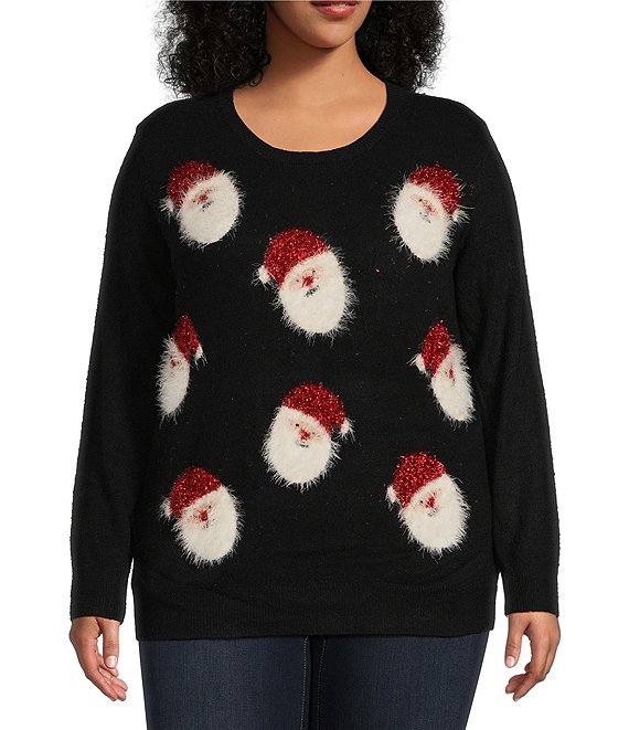 Lisa International Plus Size Santa Heads Crew Neck Christmas Sweater ...