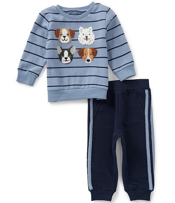Little Me Baby Boys Long Sleeve Striped Puppy Face Sweatshirt & Solid Jogger Pants Set