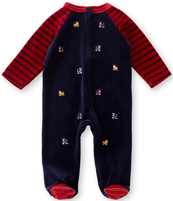 Little Me Baby Boys Long Sleeve Train Velour Footed Coverall