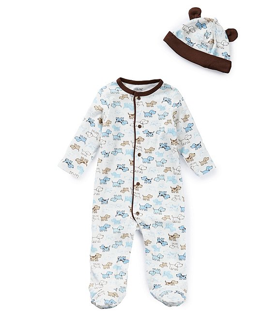 Color:White/Multi - Image 1 - Baby Boys Preemie-9 Months Cute Puppy Footed Coverall & Hat Set