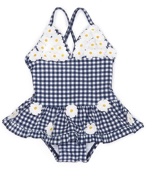 Color:Blue - Image 1 - Baby Girls 3-24 Months Daisy Gingham Print Skirted 1-Piece Swimsuit