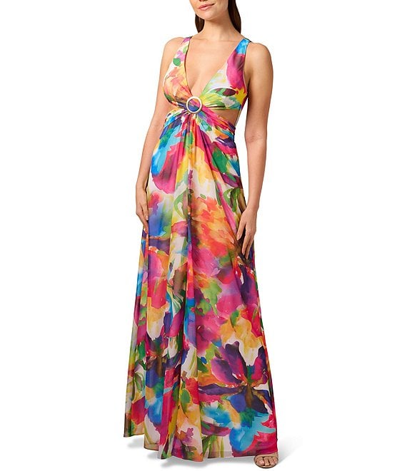 Color:Blue Multi - Image 1 - Floral Print V-Neckline Sleeveless Side Cut Out Gown