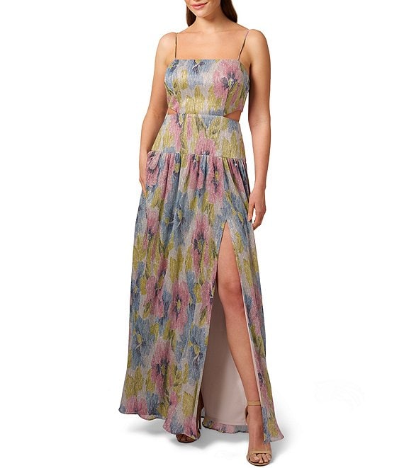 Liv Foster Printed Square Neck Sleeveless Side Cut-Out Gown