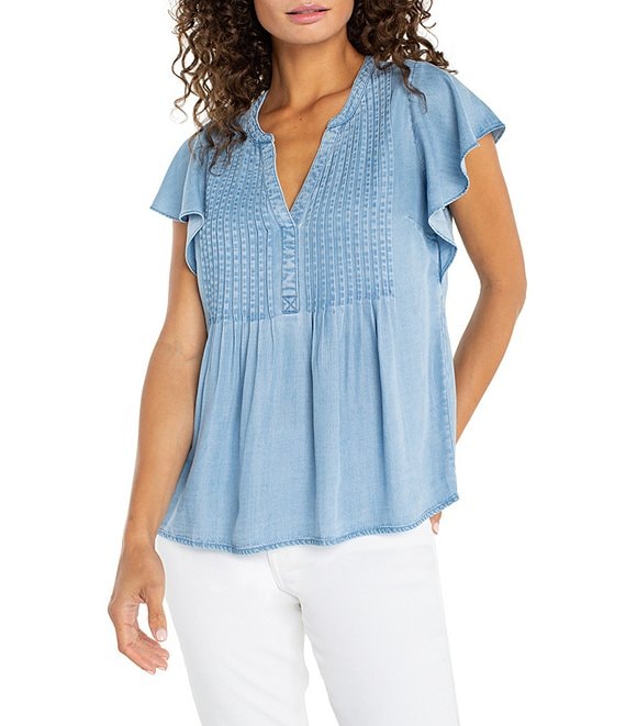 Liverpool Los Angeles Woven Pintuck Split V-Neck Flutter Cap Sleeve Top