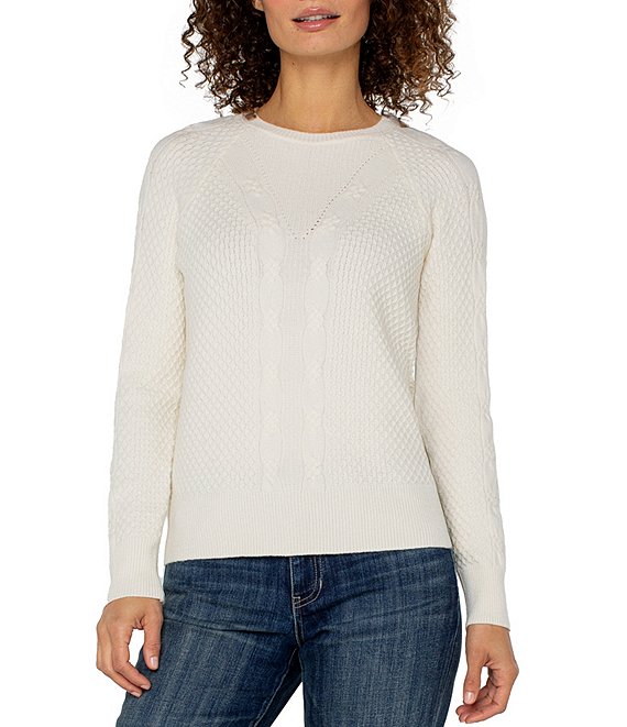 Liverpool Los Angeles Cable Knit Crew Neck Long Raglan Sleeve Sweater, Alabaster - Image 1