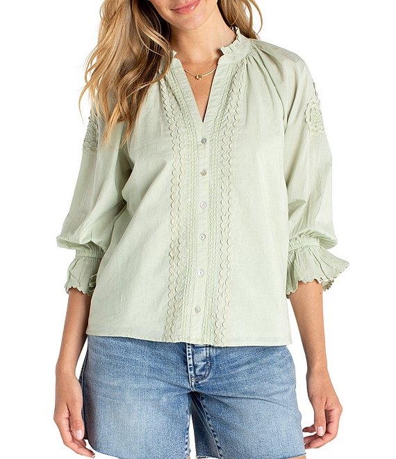 Liverpool Los Angeles Petite Size Embroidered Split V-Neck 3/4 Sleeve Button Front Blouse