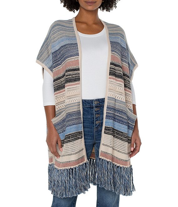 Liverpool Los Angeles Striped Print Sweater Knit Open Front Short Sleeve  Fringe Hem Cardigan