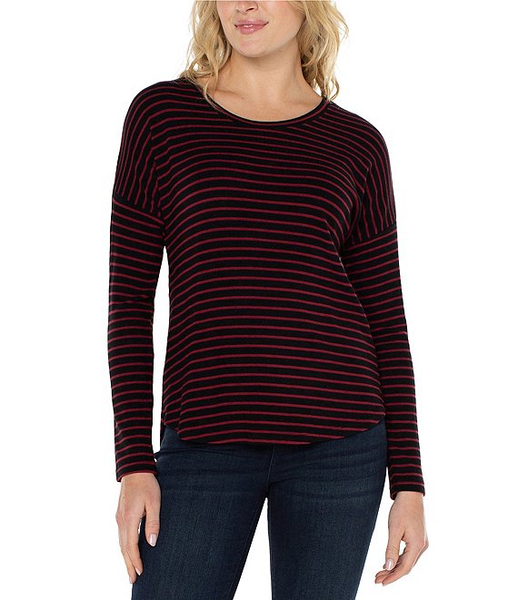 Liverpool Los Angeles Super Soft Knit Stripe Print Crew Neck Long Sleeve  High-Low Hem Shirt